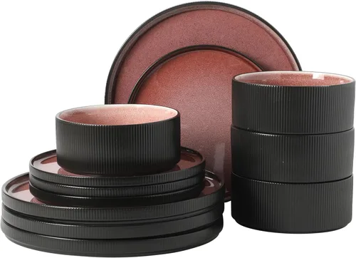 Vista 29 de Gibson Elite Winchester Way - Juego de vajilla de gres en relieve de 12 piezas, esmalte mate reactivo, platos y cuencos duraderos Lightweight-Tech