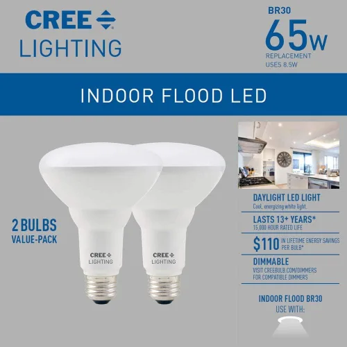 Vista 3 de Cree Lighting BR30-65W-B2-50K-E26-U2, BR30 básico, 650 lúmenes, regulable, luz diurna 5000k, clasificación de 15,000 horas, paquete de 2