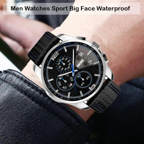 Vista 2 de SKMEI Men Watches Black Leather Band Sports Large Big Face Luxury Waterproof Luminous Fashion Dress Casual Analog Quartz Chronograph Father Gifts