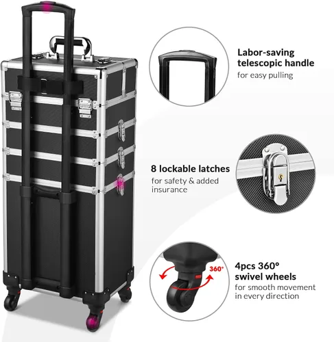 Vista 4 de BYOOTIQUE - Estuche de maquillaje clásico negro 4 en 1 con cerradura cosmética para artista de maquillaje, estuche de tren de viaje
