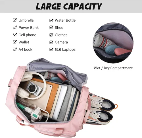 Vista 4 de Eslcorri Bolsa de deporte para mujeres y hombres, mochila deportiva con compartimento para zapatos y artículos húmedos, bolsa de fin de semana
