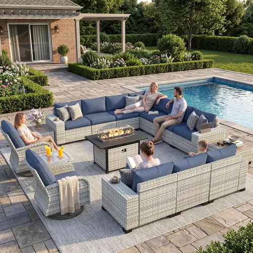 Vista 25 de Muebles de patio al aire libre conjunto PE mimbre ratán al aire libre sofá seccional Gris