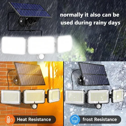 Vista 4 de 224 luces solares LED para exteriores con 3 cabezales, 3 modos de luces solares con sensor de movimiento con cable de 16.4 pies y control remoto