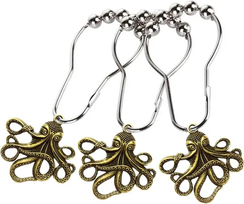Vista 2 de Juego de 12 ganchos decorativos para cortina de ducha con pulpo, para el hogar, baño, criatura marina, bestia, bestia, acero inoxidable, anillos