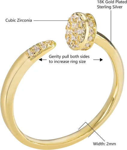 Vista 3 de Anillo de plata de ley 925 chapada en oro de 18 quilates, ajustable, para uñas, anillo de boda apilable con circonita cúbica, sin níquel