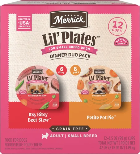 Vista 19 de Merrick Lil' Plates - Alimento húmedo sin cereales para perros pequeños, receta Petite Pot Pie, 12 envases de 3.5 onzas