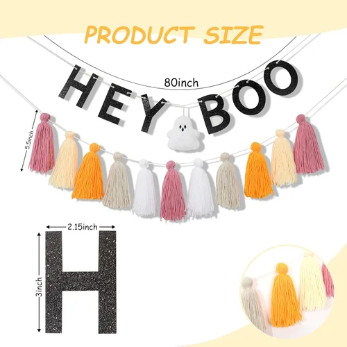 Vista 2 de Hey Boo - Pancarta con borlas de fantasma, pancarta de borla de fantasma para Halloween, decoración del hogar de Halloween, pancarta de fantasma