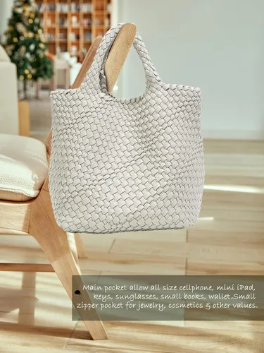 Vista 7 de KALIDI Bolso de playa de mano de paja Bolso de hombro a rayas cosido PU mango de cuero Zippe Viaje Compras Picnic