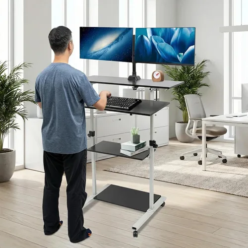 Vista 2 de Gdrasuya10 Escritorio de pie con soporte de monitor doble, altura ajustable, estación de trabajo para computadora portátil, podio, portátil, carrito