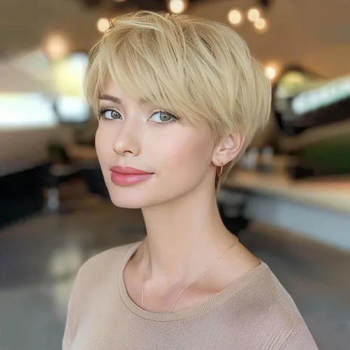 Vista 18 de Creamily Peluca corta rubia de corte Pixie con flequillo para mujer, pelucas sintéticas en capas onduladas con raíces oscuras para mujer, peluca