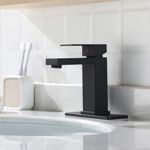 Vista 8 de Grifo de lavabo de baño de latón de una sola manija con escudo, tapón de drenaje desplegable y mangueras de suministro de agua, negro mate, 14253