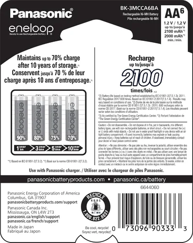 Vista 2 de Eneloop Panasonic BK-3MCCA6BA AA 2100 Ciclo Ni-MH Baterías recargables precargadas, paquete de 6