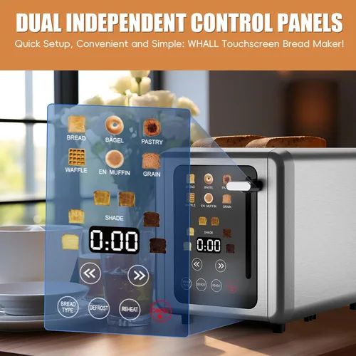 Vista 2 de WUNLY Tostadora de 2 rebanadas, pantalla táctil y doble panel de control independiente, 5 funciones básicas y tostadoras digitales de cuenta
