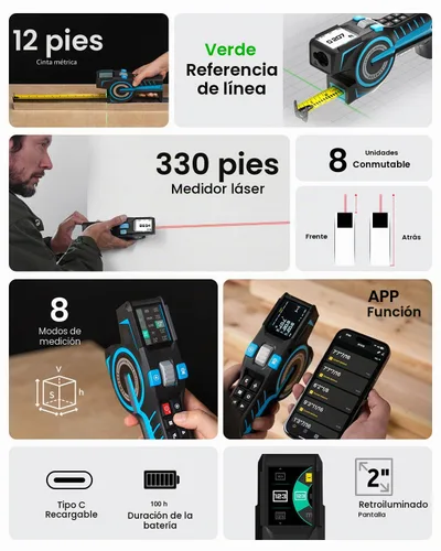 Vista 3 de ACEGMET Cinta métrica digital de 12 pies con medidor de distancia láser