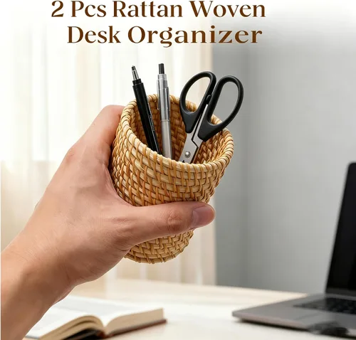 Vista 3 de Paquete de 2 soportes para lápices de ratán para escritorio, organizador de bolígrafos hecho a mano, cubo bohemio, accesorios de escritorio, soporte