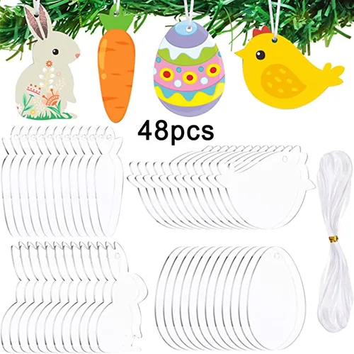 Vista 9 de Adorno de Pascua acrílico, 48 unids/set sin terminar en blanco colgante, adornos de árbol de Pascua de acrílico, adornos en blanco
