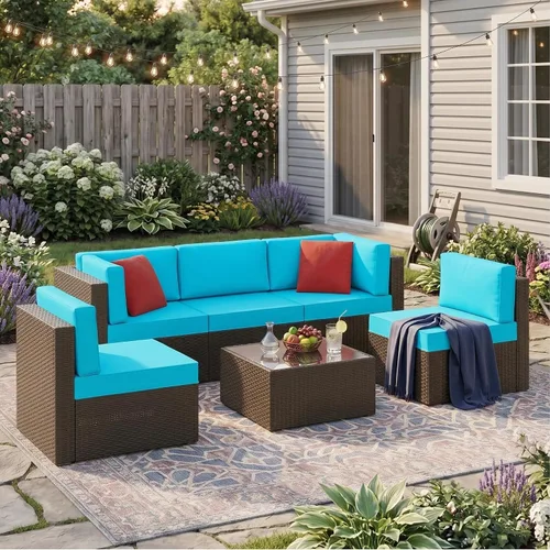 Vista 8 de Vongrasig Juego de 6 muebles de patio pequeños, sofá modular de mimbre de polietileno para todo tipo de clima, sofá seccional para exteriores