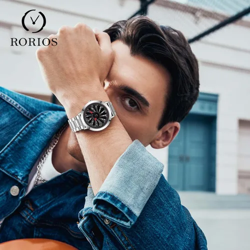 Vista 2 de RORIOS Relojes creativos para hombre, reloj analógico de cuarzo con correa de acero inoxidable, reloj giratorio de rueda de automóvil 3D, relojes