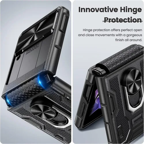 Vista 3 de Caka Funda para Samsung Galaxy Z Flip 3 con soporte, funda para cámara y protección de bisagra con soporte de anillo giratorio de 360° integrado
