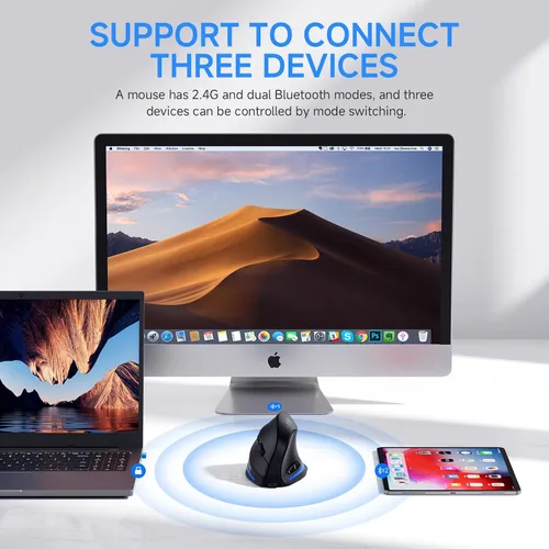 Vista 2 de ECHTPower Ratón inalámbrico ergonómico, mouse vertical Bluetooth con luz LED, controla hasta 3 dispositivos (BT5.0+BT5.0+2.4GHz), DPI ajustable