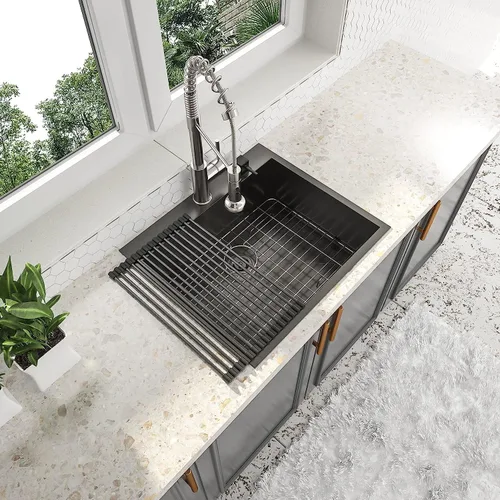 Vista 7 de Fregadero de cocina de 25 pulgadas, fregadero de un solo cuenco, color negro mate, calibre 18, 25 x 22 pulgadas, acero inoxidable, montaje superior