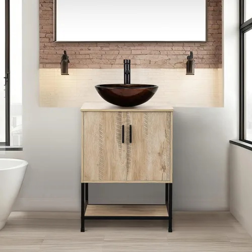 Vista 57 de UEV Juego de tocador de baño antiguo de 24 pulgadas, color marrón oscuro con lavabo, armario de baño de madera de hierro con grifo de temperatura