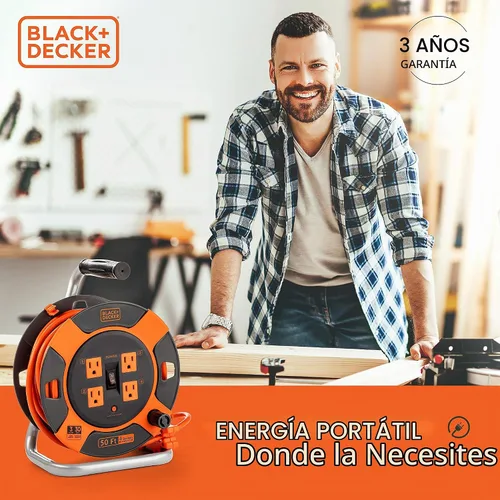Vista 7 de BLACK+DECKER Carrete de cable de extensión retráctil de 50 pies con 4 tomas, extensión de enchufe múltiple, rebobinado de fácil mango y cable SJTW