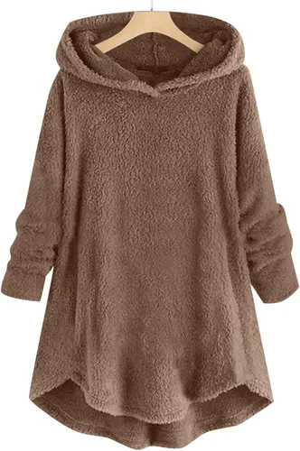 Vista 5 de Sudadera con capucha de forro polar para mujer, casual, manga larga, cuello redondo, suéter mullido y peludo