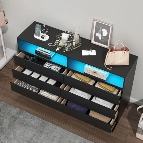 Vista 6 de Loomie Cómoda de 6 cajones para dormitorio, cómoda ancha con estación de carga y luces LED, muebles de dormitorio tradicionales, tocador
