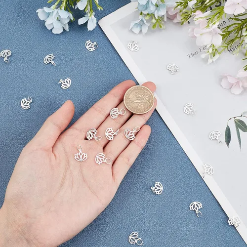 Vista 3 de CHGCRAFT 20 dijes de plata de ley 925 de 0.394 pulgadas con diseño de flor de loto para yoga, dijes de loto ahuecados de plata con anillo de salto