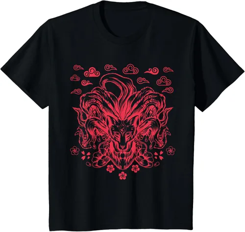 Vista 35 de Camiseta de anime japonés Nine Tails Fox Kitsune, Negro