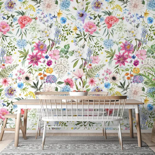 Vista 3 de Murwall Pink Floral Wallpaper Watercolor Wildflower Blossom Wall Mural
