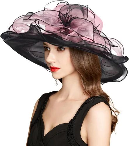 Vista 5 de 2025 Derby Hats for Women Ladies, Classy Organza Church Tea Party Wedding Kentucky Fascinator Hat UV Protection Sun Hats