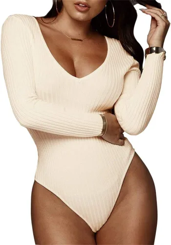 Vista 8 de GEMBERA Body de manga larga con cuello en V profundo para mujer, de punto acanalado, ajustado, básico Negro