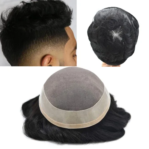 Vista 10 de Sistema de cabello para hombre, tupé para hombre, pieza de cabello humano real, sistema de reemplazo de cabello para hombre, postizos finos #1 Negro