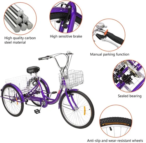 Vista 2 de PEXMOR Triciclo para adultos, 24/26 pulgadas, 7 velocidades, 3 ruedas, triciclo para adultos, triciclo para adultos, triciclo