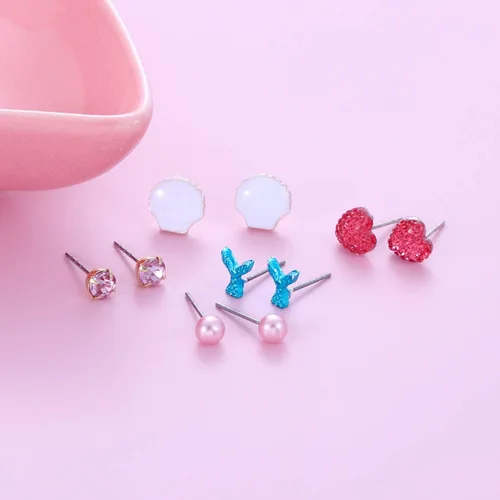 Vista 3 de Varios aretes de tuerca con temática de la vida marina del océano, juego de 30 pares, múltiples perlas de cristal, concha marina, escala de peces
