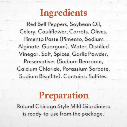 Vista 3 de Roland Foods Chicago Style Mild Giardiniera, condimento de pimienta italiana, procedente de los Estados Unidos, bolsa de 56 onzas