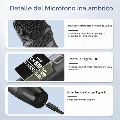 Vista 4 de HWWR Micrófonos inalámbricos, micrófonos duales UHF profesionales para karaoke, sistema de micrófono dinámico inalámbrico con receptor recargable