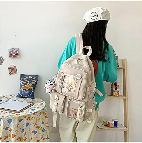 Vista 5 de Linda mochila con bonito oso de peluche accesorios de gran capacidad bolsas escolares estéticas para niñas y adolescentes beige a talla única Lindo