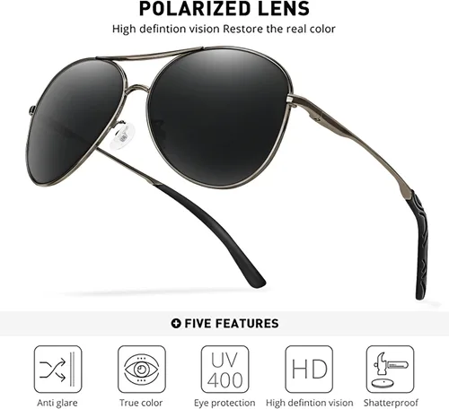 Vista 2 de BOTPOV Gafas de sol de aviador para hombres y mujeres, polarizadas, protección UV400, lente espejada, marco de metal con bisagras de resorte..