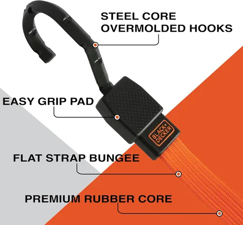 Vista 2 de BLACK+DECKER Correas elásticas planas de 48 pulgadas, paquete de 2 Non Scratch Steel-Core Hooks & Textured Grip Pad, Easily Stretch and Secure