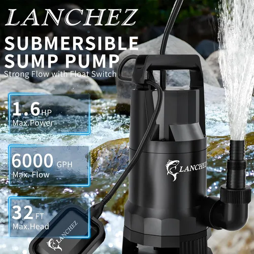 Vista 2 de LANCHEZ - Bomba de sumidero, bomba de agua sumergible de alto flujo de 1.6 HP con interruptor de flotador, bomba de transferencia automática de 6000