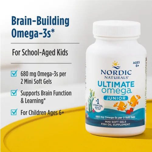 Vista 3 de Nordic Naturals Ultimate Omega Jr., Fresa - 90 mini geles blandos - 680 omega-3 totales con EPA y DHA - Salud cerebral, estado de ánimo