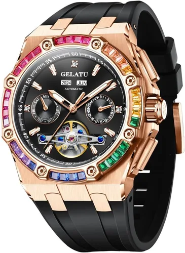 Vista 11 de Diamond Skeleton Mens Watches Automatic Mechanical Luxury Watch Sapphire Crystal Waterproof Luminous Wristwatch Silicone Band