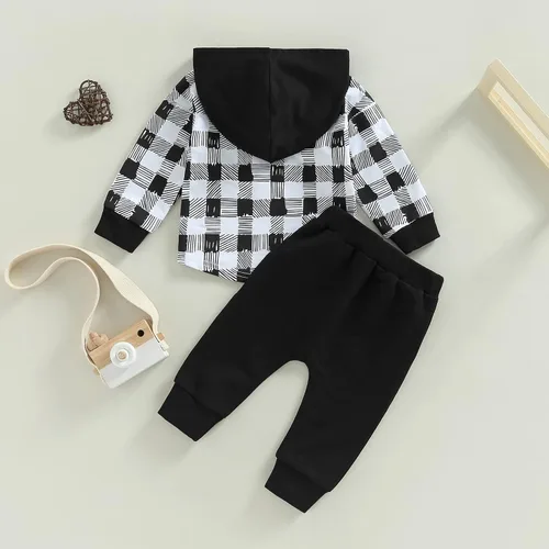 Vista 38 de Ropa de bebé niño 3 6 9 12 18 24M 3T Conjunto de pantalones con capucha patchwork sudadera con capucha pantalones de rayas traje de otoño invierno