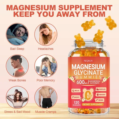 Vista 3 de Gomitas de glicinato de magnesio de 600 mg de alta absorción, glicinato de magnesio para mujeres y hombres con vitamina D, B6 y CoQ10 para adultos