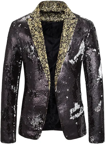 Vista 7 de Chaqueta de lujo de lentejuelas azul rey con purpurina para hombre, chaqueta de conversión de 2 colores, chaqueta de escenario de club nocturno