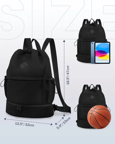 Vista 4 de Mochila deportiva con cordón, bolsa de gimnasio con compartimento para zapatos y bolsillo húmedo, bolsa de natación para mujeres y hombres, mochila
