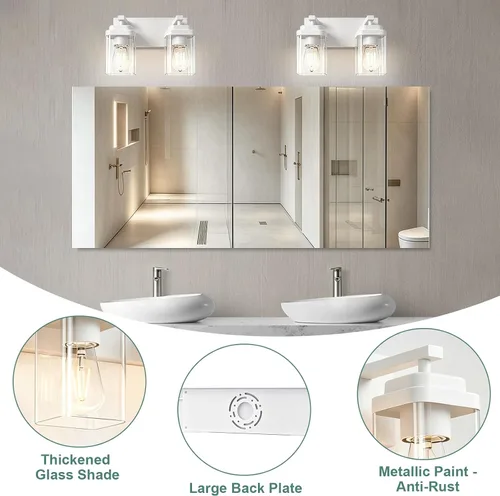Vista 2 de Lámparas blancas para baño, 2 luces de baño, accesorios de iluminación sobre el espejo, diseño cuadrado y placa trasera grande rectangular